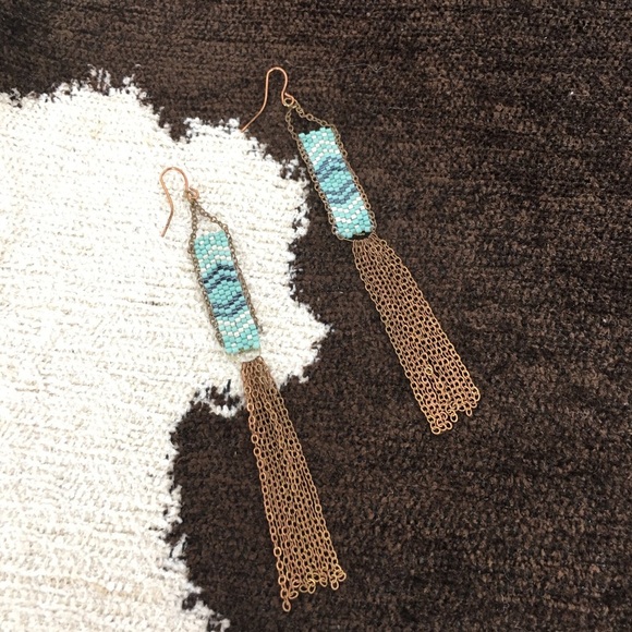 Boho Copper Green White Seed Bead Long Tassel Statement Dangle Earrings Tribal - Picture 7 of 8